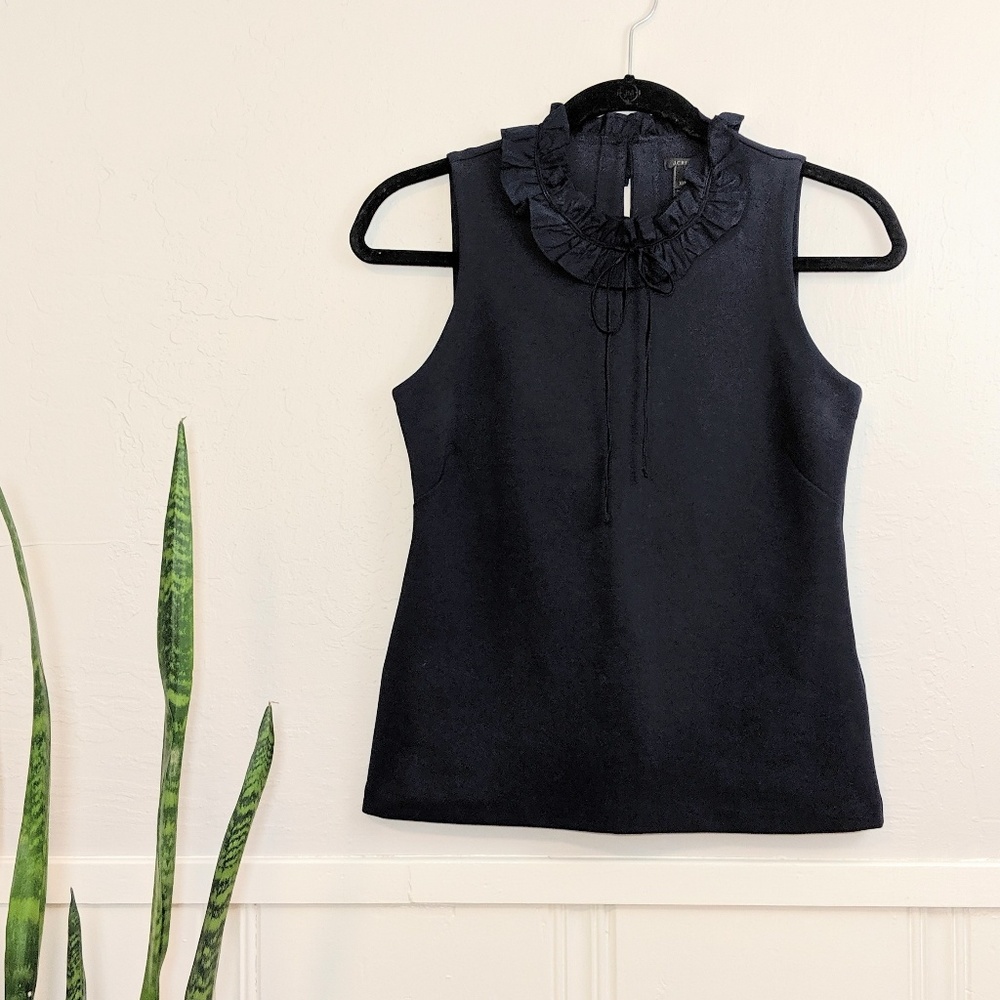 NWT J Crew Navy Ponte Ruffle Neck Top